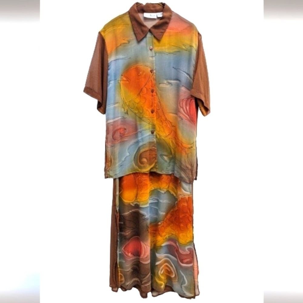 Liz Sports fish print vintage women's matching set dress size S
